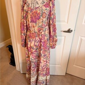 Spell Floral Peasant Maxi Dress in Cream and Pink Small NWOT